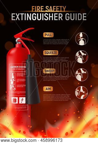 Fire Extinguisher Vertical Poster With Big Image Of Fire-fighter Flame And Editable Text With Pictog