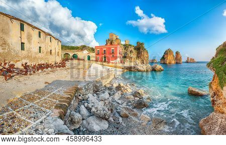 Unbelievable Scene Of Tonnara Di Scopello. Popular Travel Destination On Mediterranean Sea. Location