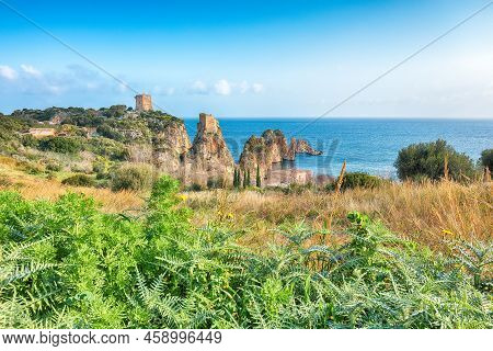 Unbelievable Scene Of Tonnara Di Scopello. Popular Travel Destination On Mediterranean Sea. Location