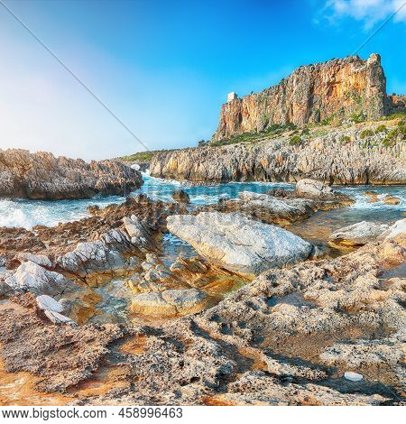 Spectacular Seascape Of Isolidda Beach Near San Vito Cape. Popular Travel Destination Of Monte Cofan
