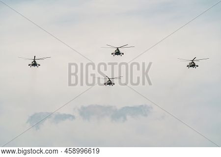 Russia, St. Petersburg, 28 July 2022: Military Aircraft And Helicopters Of The Air Force Fly On The 