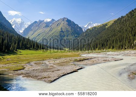 River and high mountain. Tien Shan