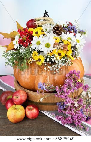 Beautiful autumn composition in pumpkin with apples on table on gray background