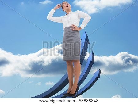 Smiling thoughtful businesswoman against blue curved arrows pointing up against sky