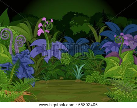 Jungle landscape with many different plants and flowers