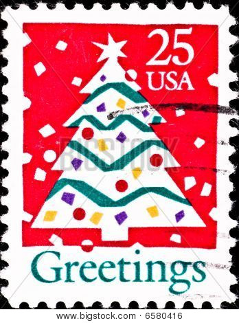 Sello de correos de Estados Unidos muestra el árbol de Navidad, Circa 1980