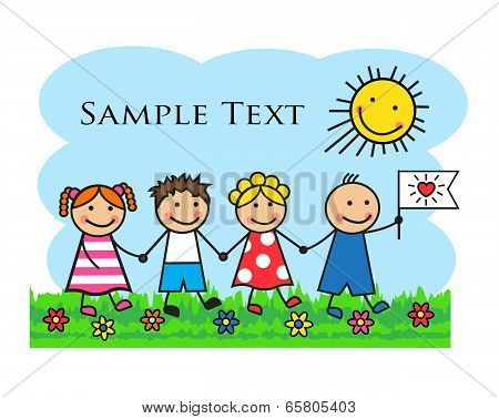Cartoon kids go through the grass and holding hands