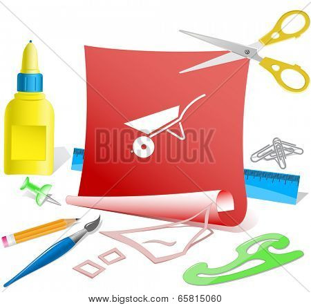 Wheelbarrow. Paper template. Raster illustration.