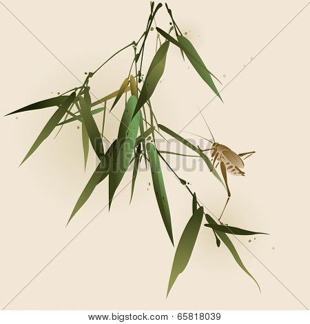 A grasshopper on bamboo leaves, vectorized brush painting.