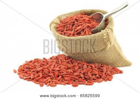 dried goji berries (Lycium Barbarum - Wolfberry) in a burlap bag with an aluminum scoop on white background