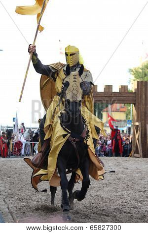Riga, Latvia - August 21:dan Naporus From The Devils Horsemen Stunt Team Riding Black Horse During R