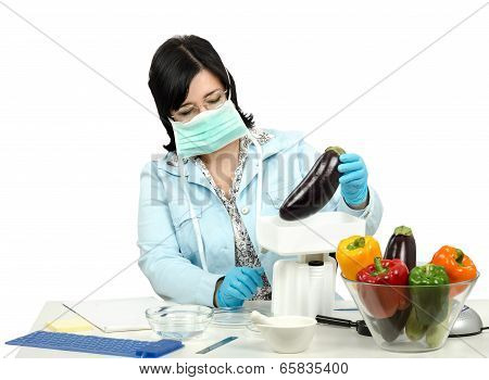 Expert Weighing A Eggplant In Laboratory