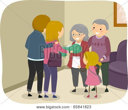 Illustration of a Family Visiting an Elderly Couple to Present a Newborn Baby