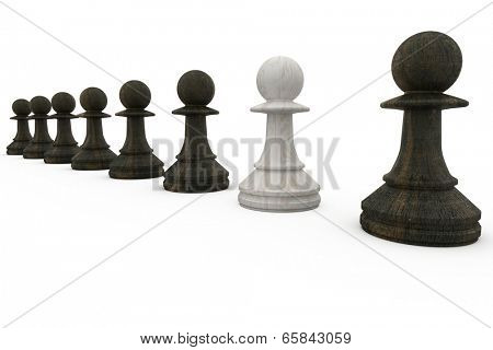 White pawn standing with black pawns on white background