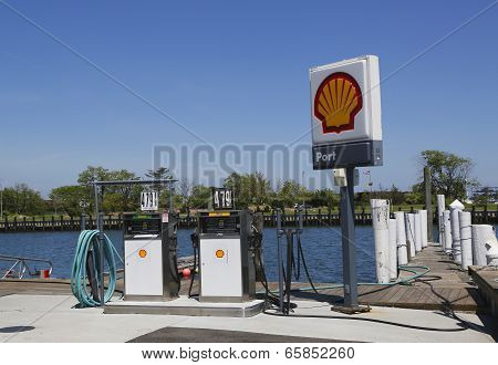 Shell fuel station for boats on the dock in Freeport, Long Island