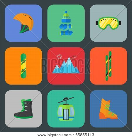 Ski and snowboard flat icon set