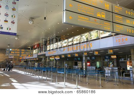 KRAKOW, POLAND - MAR 11, 2014: Terminal hall of John Paul II International Airport Krakow-Balice celebrated its 50th anniversary. The airport has one concrete runway, number 07/25, 2,550 m x 60 m.