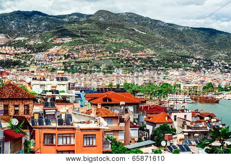 View Of Alany City And Harbor. Turkish Riviera