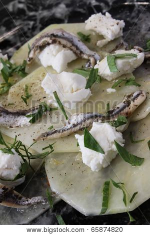 kohlrabi with anchovies and goats cheese