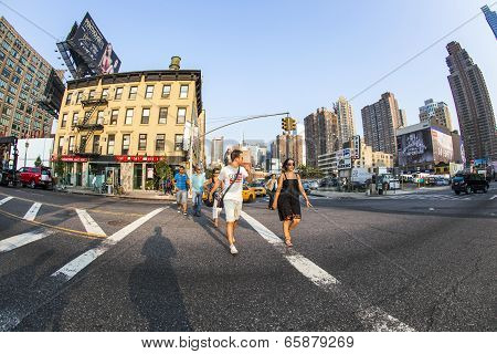 People Cross The Street, Downtown Streetview  At The East Harbor Side