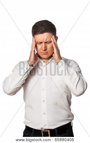 Young Man with a headache on white baskground