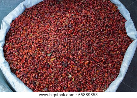 Bag Of Dried Chiltepe Peppers For Sale At Chichicastenango Market Guatemala