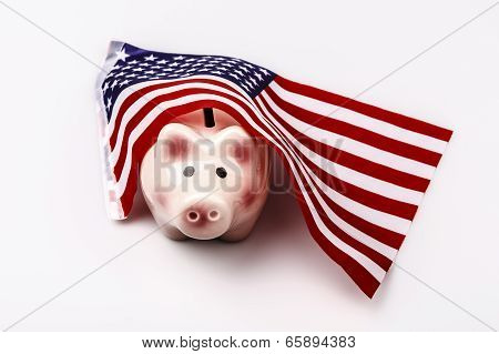 Pig Money Box And Usa Flag