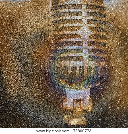 Abstract musical background - microphone on asphalt with gasoline rings