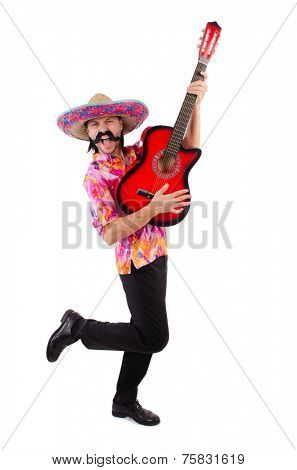 Mexican male brandishing guitar isolated on white