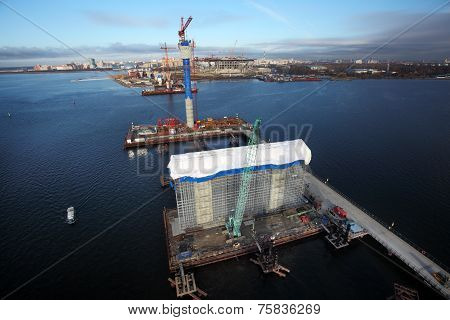 Construction Site Of Cable Stayed Bridge, Temporary Technological Platforms.