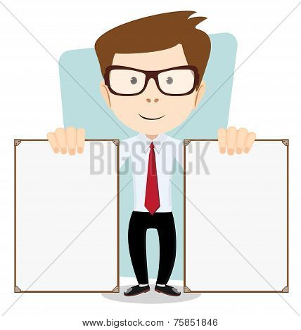 Cartoon teacher explaining and pointing at blank white board, placard.. Stock Vector  Illustration