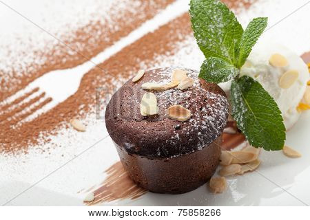 Warm Chocolate Cake Fondant With Ice-cream Ball, Almond, Mint, Citron