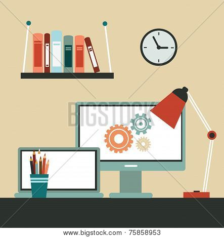 office desk with computer and laptop illustration
