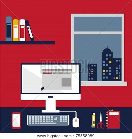 office desk with computer in the evening illustration