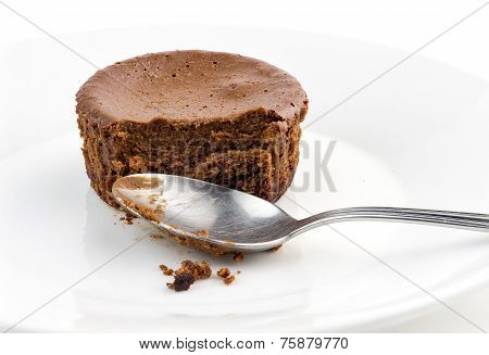 Macro Closeup Of Half Eaten Chocolate Cake Muffin With Dirty Spoon