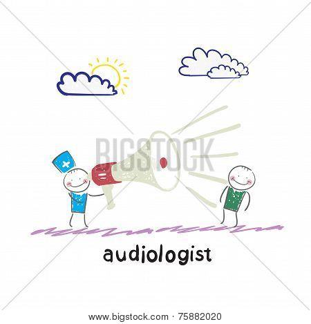 otolaryngologist yells into a megaphone on patient