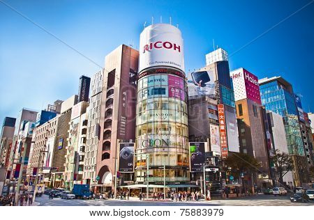 TOKYO - OCTOBER 28, 2014: Ginza shopping district on Oktober 28, 2014 in Tokyo, Japan. Ginza extends for 2.4 km and is one of the world's best known shopping districts.