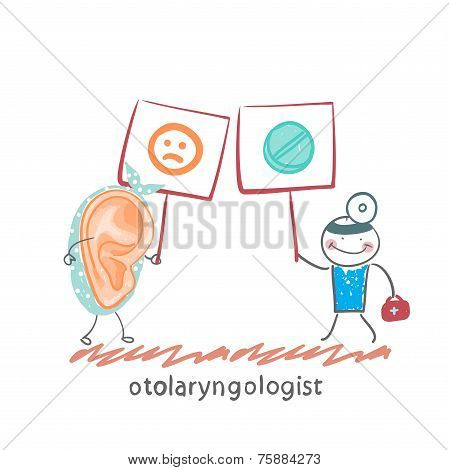 otolaryngologist  holds a poster with pills and shows the patient