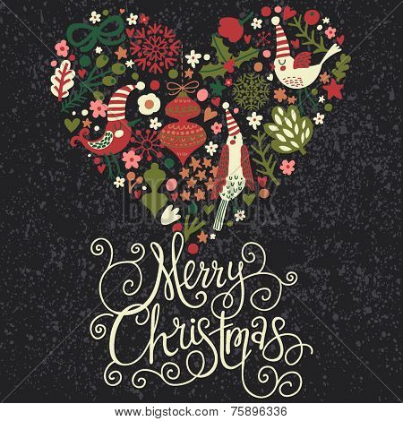 Stylish Merry Christmas card in cool dark colors. Awesome holiday background with cute heart made of birds in flowers in vector