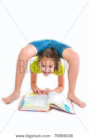 Flexible contortionist kid girl at homework with book on white background
