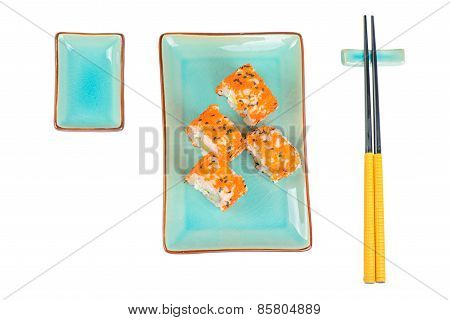 Sushi Rolls With Masago. Top View.