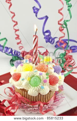 Party Cupcake With Lit Candle
