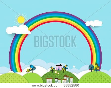 Landscape Paper Cut-fantasy Home ,Sky With Sun And Rainbow