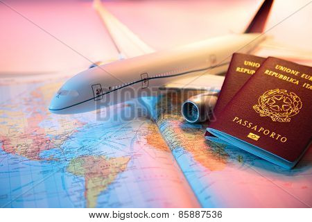 trip in America - passport, airplane and map of world