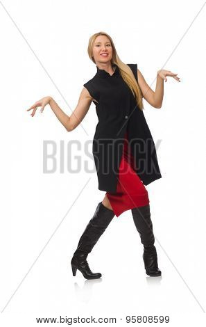 Pretty young girl in bordo skirt isolated on white