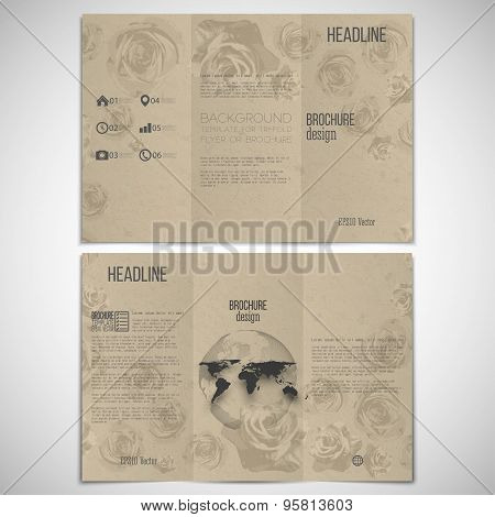 Vector set of tri-fold brochure design template on both sides with world globe element. Drawn grunge