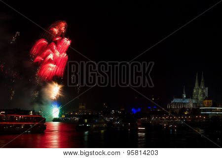 Colorful Firework Over The River Rhine