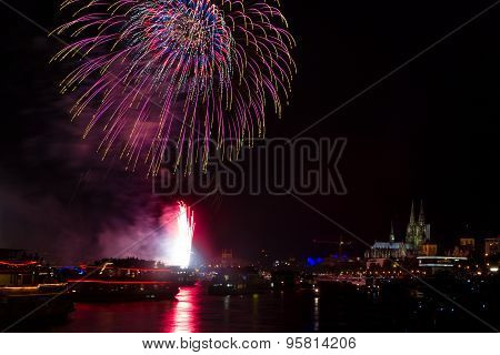 Colorful Firework Over The River Rhine