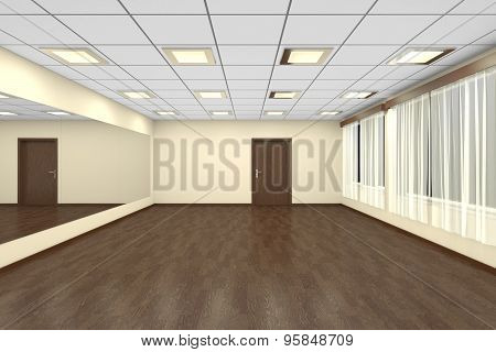 Empty Training Dance-hall At Night With Yellow Walls And Dark Wooden Floor, 3D Illustration
