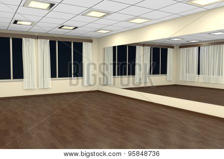 Empty Training Dance-hall At Night With Yellow Walls And Dark Wooden Floor, 3D Illustration